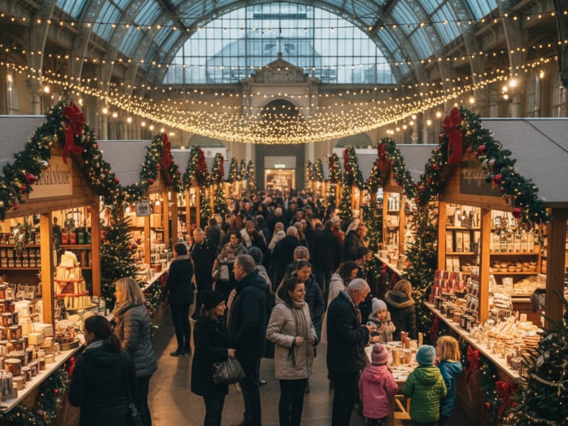 Spirit of Christmas Fair at Olympia, London, showcasing festive shopping and artisan products.