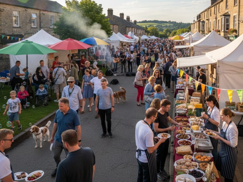 A vibrant scene from the eat:Stonehouse food festival showcasing local food stalls and happy visitors.