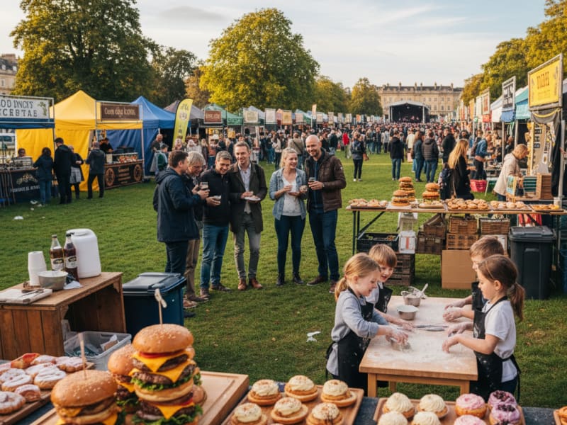 Foodies Festival 2026 in Bath featuring chefs, food stalls, and live music.