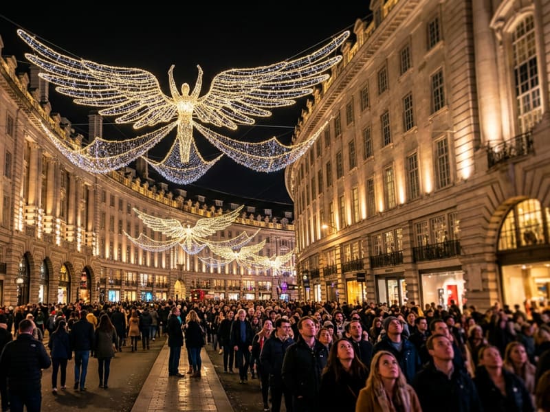 Angel-shaped Christmas lights above a traffic-free Regent Street